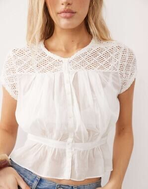 NEW Free People Clean Ivory Gemma Embroidered Crochet Button-Up Babydoll Top